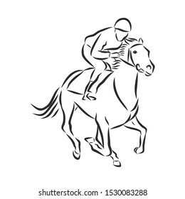 horse racing, horsemanship, jumping horse, contour vector illustration 