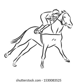 horse racing, horsemanship, jumping horse, contour vector illustration 