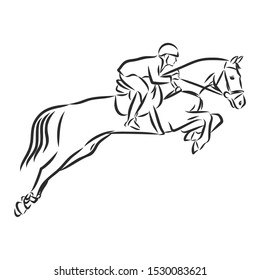 horse racing, horsemanship, jumping horse, contour vector illustration 