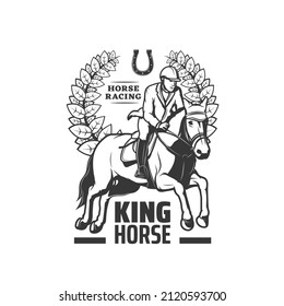 Horse racing icon, equestrian sport riding vector vintage label with jockey rider on hippodrome, laurel wreath and horseshoe. Professional stable, horseback race sports isolated monochrome emblem