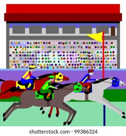Horse racing.  Illustration of cartoon horses, racing at a track and the stadium is crowded. The winner is happy and the looser is upset.