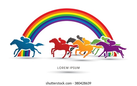 Horse racing ,Horse with jockey, designed on rainbows background graphic vector.