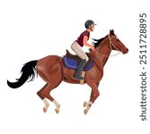 Horse racing. Jockey on a galloping horse. A rider on a running stallion. Equestrian or horseback riding. Vector illustration isolated on a white background in a realistic style