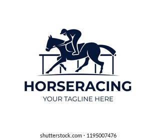 Horse racing, horse with jockey on horse race track, logo design. Equestrian sport, jockey riding and horse racing club, vector design and illustration