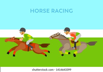 Horse racing, jockey riding by horseback, side view of people wearing helmet, loping of fast animals, competition of males character and stallions vector