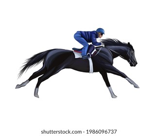 Horse racing with a jockey from splash of watercolors, colored drawing, realistic, Horseback riding. Vector illustration of paints