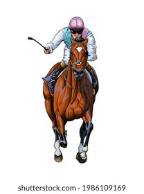 Horse racing with a jockey from splash of watercolors, colored drawing, realistic, Horseback riding. Vector illustration of paints