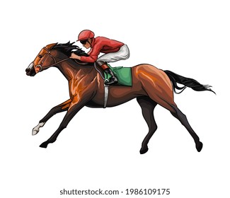 Horse racing with a jockey from splash of watercolors, colored drawing, realistic, Horseback riding. Vector illustration of paints