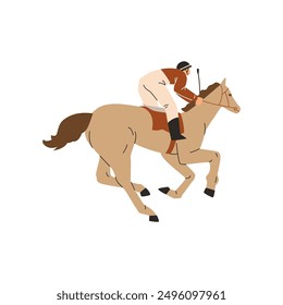 Horse racing. Jockey sprinting, galloping on a beige horse. Hippodrome animal sport competition. Cartoon equine championship. Vector flat illustration of Equestrian, Derby isolated on white