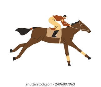 Horse racing. Jockey sprinting, galloping on a brown horse. Hippodrome animal sport competition. Cartoon equine championship. Vector flat illustration of Equestrian, Derby isolated on white