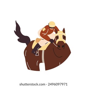 Horse racing. Jockey sprinting, galloping on a brown horse front view. Cartoon equine championship. Vector flat illustration of Equestrian, Derby isolated in round frame. Animal sport competition