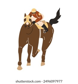 Horse racing. Jockey sprinting, galloping on a brown horse front view. Cartoon equine championship. Vector flat illustration of Equestrian, Derby isolated on white. Animal sport competition