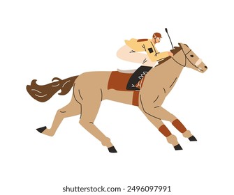 Horse racing. Jockey sprinting, galloping on a beige horse. Cartoon equine championship. Animal sport competition. Vector flat illustration of Equestrian, Derby side view isolated on white