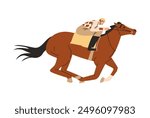 Horse racing. Jockey sprinting on a brown horse. Hippodrome animal sport competition. Cartoon equine championship. Equestrian, Derby. Vector flat illustration isolated on white background