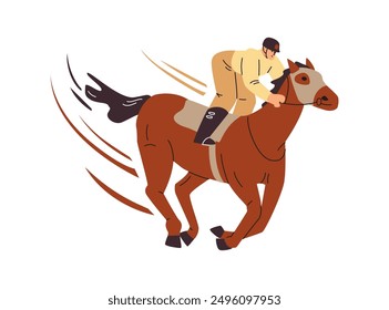 Horse racing. Jockey sprinting on a brown horse. Cartoon animal sport competition, equine championship. Equestrian, Derby. Vector flat illustration isolated with movement lines