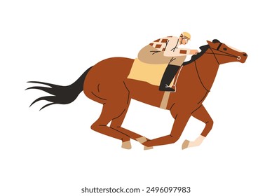 Horse racing. Jockey sprinting on a brown horse. Hippodrome animal sport competition. Cartoon equine championship. Equestrian, Derby. Vector flat illustration isolated on white background