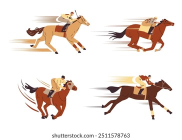 Horse racing. Jockey sprinting on a brown horse. Hippodrome animal sport competition. Cartoon equine championship. Equestrian, Derby. Vector flat illustrations set isolated with movement lines