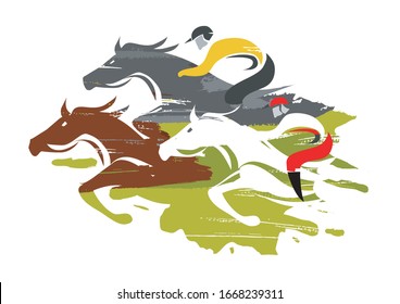 Horse Racing.
Racing jockeys at Full Speed. Colorful illustration on white background. Vector available.