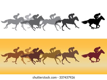 Horse Racing. Jockeys on horses galloping on the racetrack. Black on white. Silhouettes of riders on a colored background. color image.
