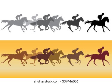 Horse Racing. Jockeys on horses galloping on the racetrack. Black on white. Silhouettes of riders on a colored background. color image.
