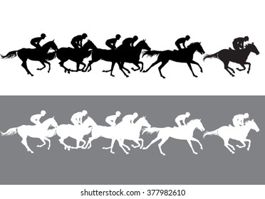 Horse Racing. Jockeys on horses galloping on the racetrack. Black and white silhouettes of riders on a light and dark background. 