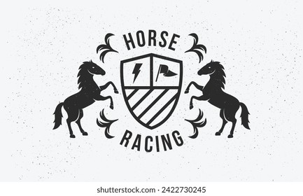 Pferderennen Logo, Poster. Reiten Racing trendige Logo mit Pferdesilhouetten, Schild und Symbolen. Vektor-Emblem-Vorlage.