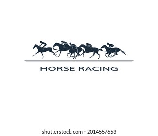 Horse racing logotype template. Group of five jockeys and horses during a race
