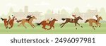 Horse racing on the hippodrome racetrack. Jockeys sprinting on horses, galloping on racecourse. Cartoon equine championship, animal sport competition. Equestrian, Derby. Vector flat illustration