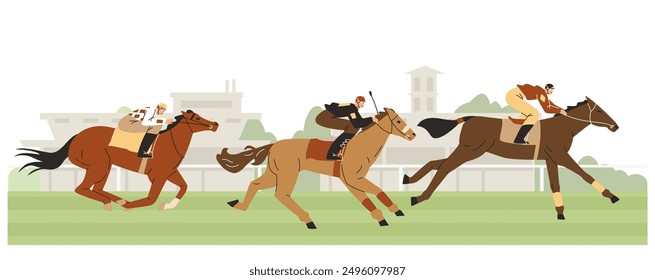 Horse racing on the hippodrome racetrack. Jockeys sprinting on horses. Cartoon equine championship, animal sport competition. Equestrian, Derby. Vector flat illustration