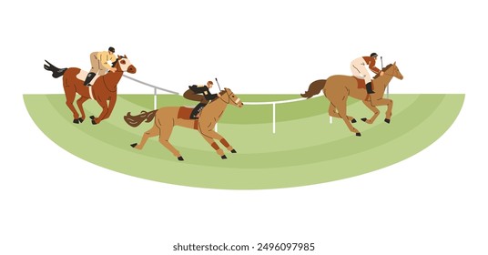 Horse racing on the hippodrome round racetrack. Jockeys sprinting on horses. Cartoon equine championship, animal sport competition. Equestrian, Derby. Vector flat illustration isolated on white