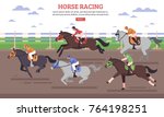 Horse racing on hippodrome scene with riders in gear at racehorses during competition flat vector illustration