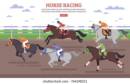 Horse racing on hippodrome scene with riders in gear at racehorses during competition flat vector illustration