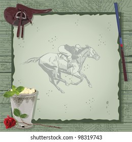 Horse Racing Party Invitation with saddle, mint julep, whip with a vintage jokey and horse on barn wood. Great for the Kentucky Derby or any horse themed event.