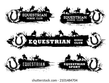 Horse racing, polo and riding equestrian sport grunge vector banners. Race horse, jockey or horseback rider, horseshoe and equine harness black silhouettes with halftone pattern and paint splashes