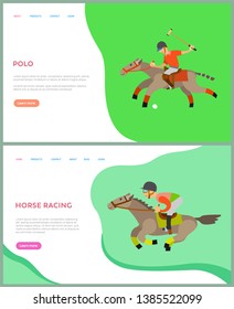 Horse racing, polo sports, jockey riding by horseback, side view of people on animal, males in helmet with equipment sitting on stallions vector. Website or webpage template, landing page flat style