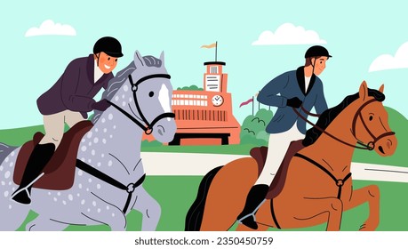 Horse racing at racetrack. Equestrian competition. Jockeys on horseback. Riders on animals at hippodrome. Equine sport. Horsemen championship. Stallions riding. Garish