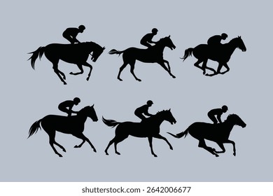 Horse Racing Rider Jockey Various Pose Simple Silhouette Vector Set Collection