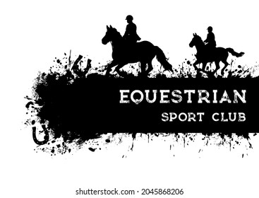 Carrera y equitación, pancarta de deportes ecuestres, afiche vectorial de club de polo. Carreras de caballos y paseos deportivos ecuatorianos o torneo de jockey, torneo de carreras de fase empinada en hipódromo