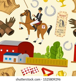 Horse racing seamless pattern. Horseback riding. Activity Jockey club. Equipments for Equestrian Sport poster. Accessories horseshoe, whip, horse saddle, hippodrome, equine bridle for dressage