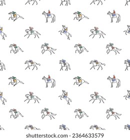 Horse racing seamless pattern. Horse and jockey silhouettes and poses background. Vector illustration