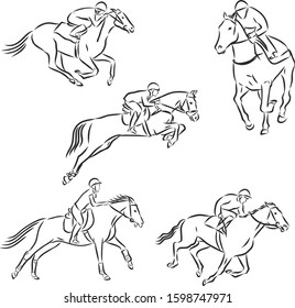 Horse racing set, vector sketch illustration 