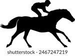 Horse racing. Silhouette of racing horse with jockey on isolated background. Racing horse and jockey silhouette. Horse and rider.Sport