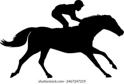 Pferderennen. Silhouette des Rennpferdes mit Jockey auf isoliertem Hintergrund. Rennpferd und Jockey Silhouette. Pferd und Reiter.Sport