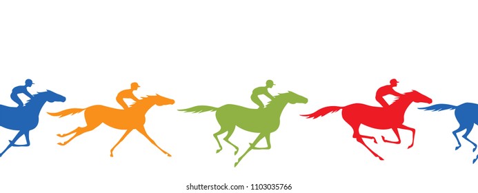 Horse racing silhouette seamless border. Horse and jockey. Galloping horseback riders with yellow, blue, green, red color. Horseracing winner, vector background.