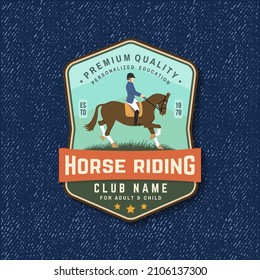 Horse racing sport club badge, patch, emblem, logo. Vector illustration. Vintage monochrome equestrian label, sticker with rider and horse silhouettes. Horseback riding sport