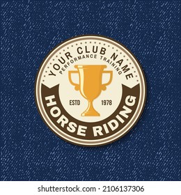 Horse racing sport club badge, patch, emblem, logo. Vector illustration. Vintage equestrian label, sticker with trophy cup. Horseback riding sport.