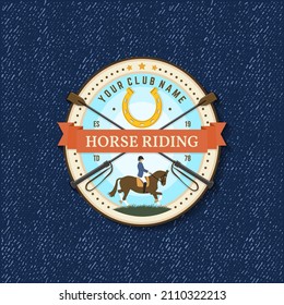 Horse racing sport club badge, patch, emblem, logo. Vector illustration. Vintage monochrome equestrian label, sticker with helmet, horseshoe and riding crop silhouettes.