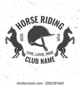 Horse racing sport club badges, patches, emblem, logo. Vector illustration. Vintage monochrome equestrian label with helmet and horse silhouettes. Horseback riding sport. Concept for shirt or logo