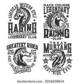 Horse racing sport and equestrian club t-shirt prints. Horse stallion, american mustang mascot head vector. Equestrian sport competition, derby racing course apparel custom print design