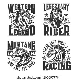 Horse racing t shirt prints, equestrian rides and rodeo club vector icons. Wild mustang stallion heraldic head emblem for equine hippodrome races and polo sport, victory quotes for t-shirt print